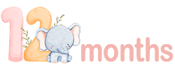 The number 12, with a cute baby elephant next to the number and the text 'months'