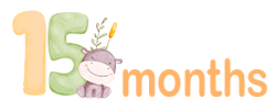 The number 15, with a cute baby hippo next to the number and the text 'months'