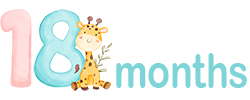 The number 18, with a cute baby giraffe next to the number and the text 'months'