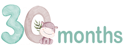 The number 30, with a cute baby hippo next to the number and the text 'months'