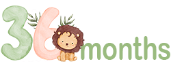 The number 36, with a cute baby lion next to the number and the text 'months'