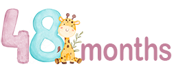 The number 48, with a cute baby giraffe next to the number and the text 'months'