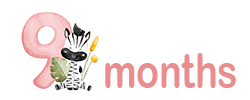 The number 9, with a cute baby zebra next to the number and the text 'months'