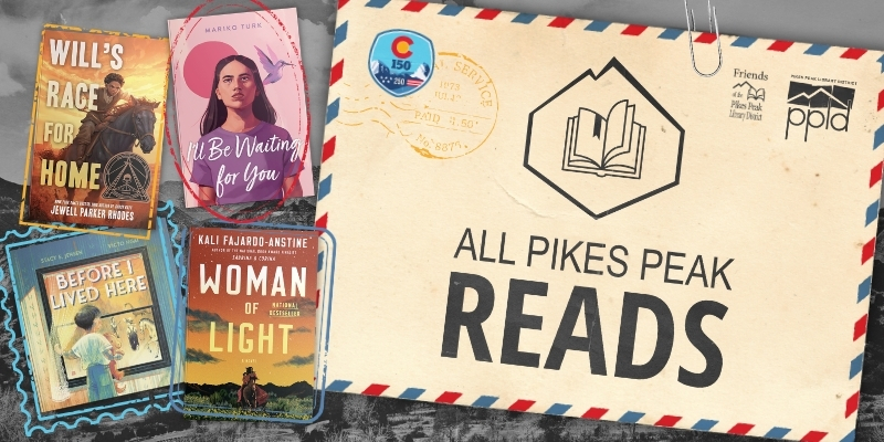 All Pikes Peak Reads 2026 graphic with an envelope addressed to All Pikes Peak Reads and the book covers for the four selectionsf