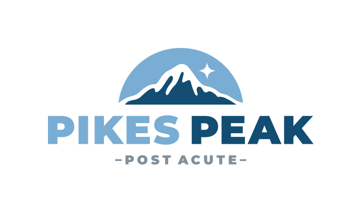 Pikes Peak Post Acute Logo featuring a blue mountain shape in a badge with a singular star