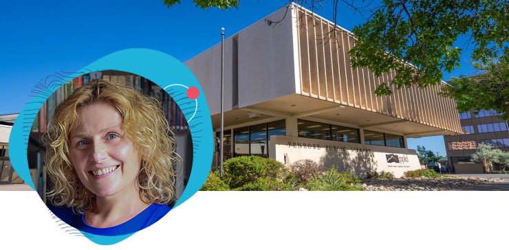 a photo of Penrose Library with a small round headshot of PPLD CEO Teona Shainidze-Krebs