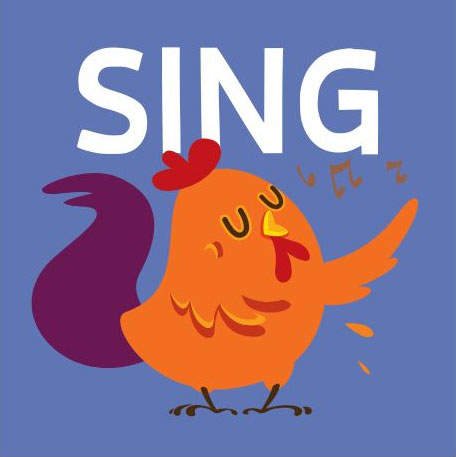 a graphic with a rooster singing on a purple background with the word SING.