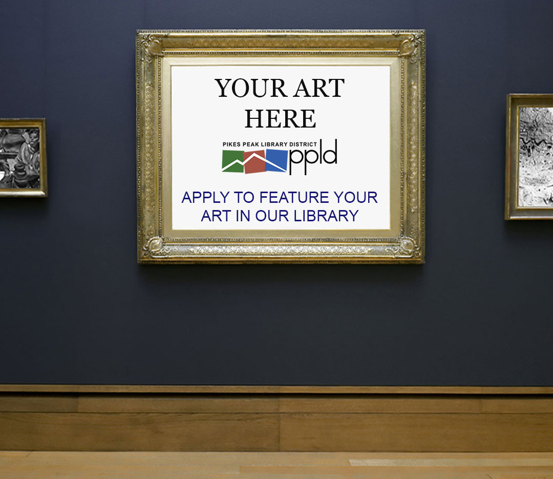 Gold picture frame hanging on a navy wall with the words "Your Art Here, apply to feature your art in our library"