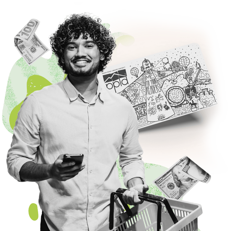 A person holding a cell phone and shopping cart with money flying behind him featuring a graphic with a Library Card