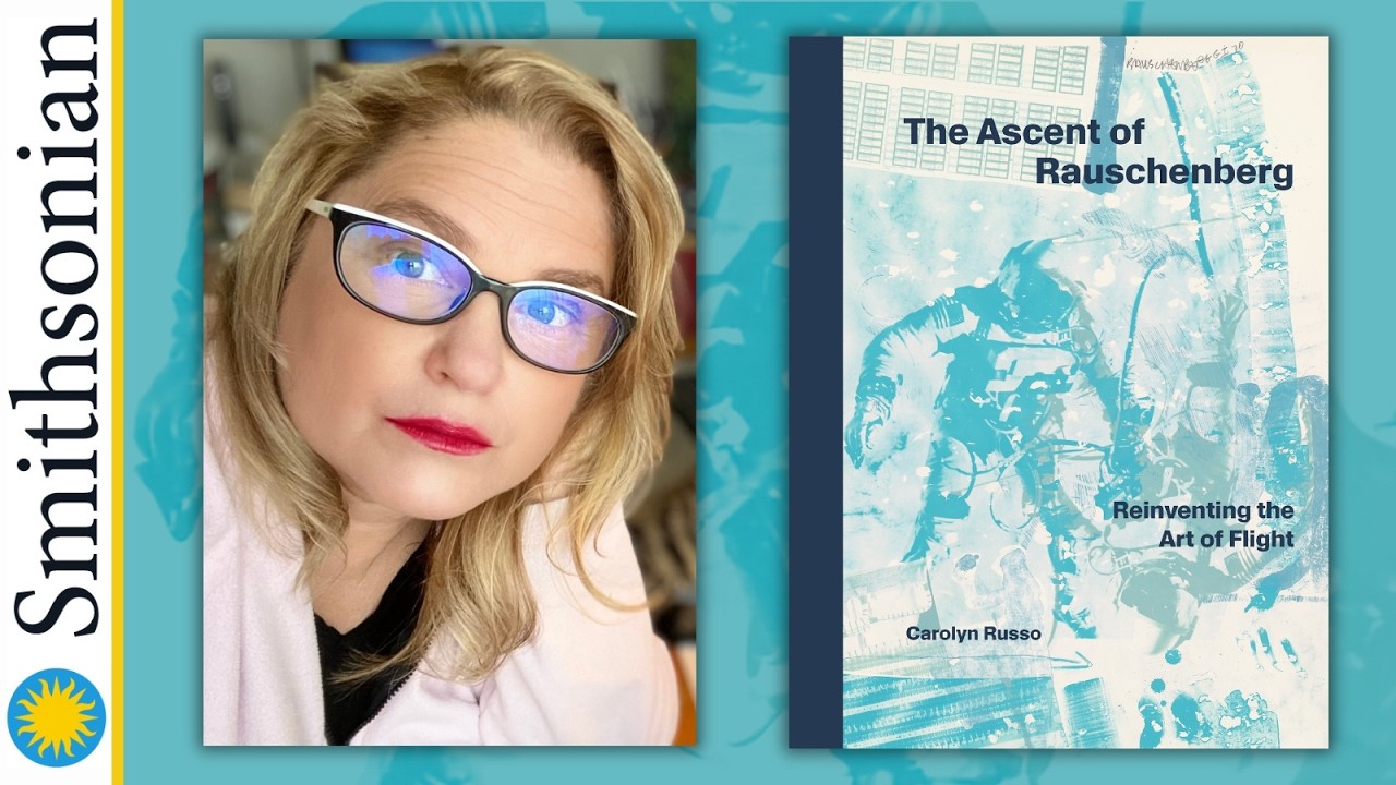 a photo of author Carolyn Russo, with her book, The Ascent of Rauschenberg