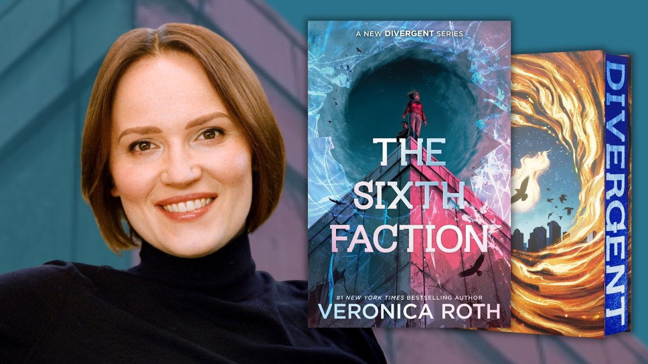 A photo of author Veronica Roth with her book, The Sixth Factor