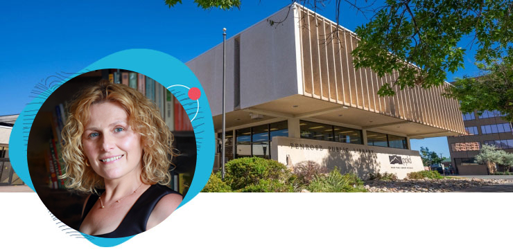 Teona Shainidze Krebs pictured in front of Penrose Library