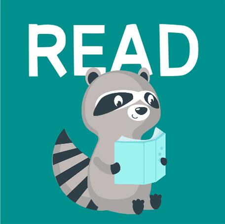 A graphic of a raccoon reading a book with a teal colored background and the word READ at the top