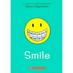 A teal background with a large yellow smiley face. the smile is filled with braces