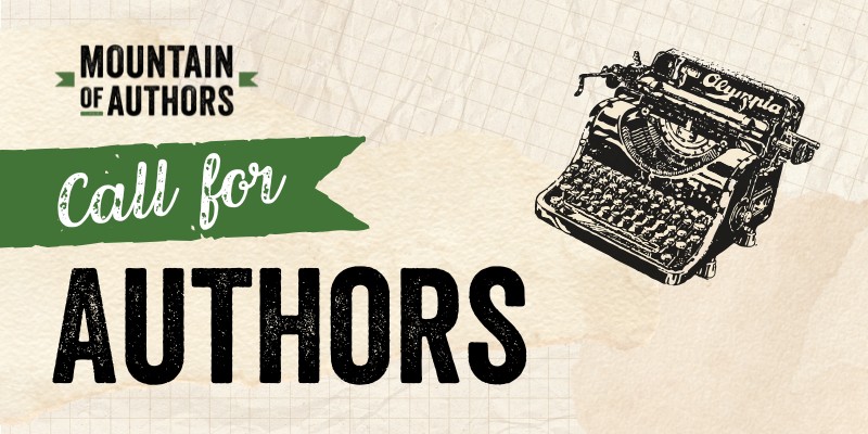 A vintage typerwriter graphic with the words "Mountain of Authors" Call for Authors