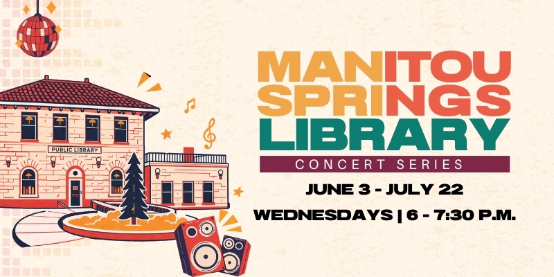 Manitou Springs Library Concert Series – An illustration of the Manitou Springs Library with a disco ball and music speakers