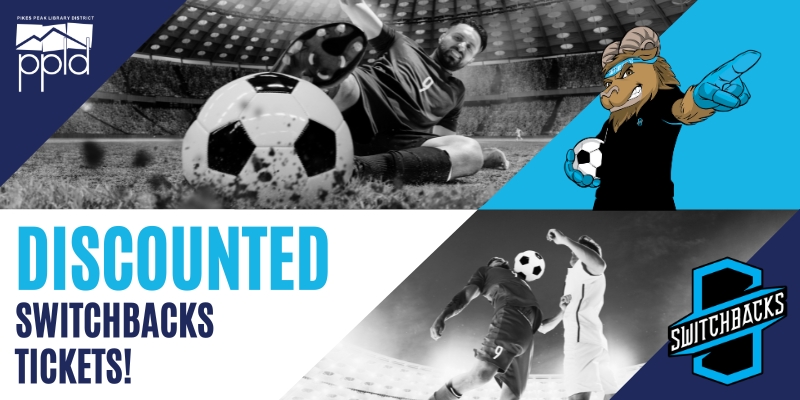 Scenes of soccer players sliding into a brilliant kick or leaping to knock the ball with their chest in an action-filled moment decorate the graphic alongside an illustration of the mountain goat mascot Ziggy. Text reads, “Discounted Switchbacks tickets!”