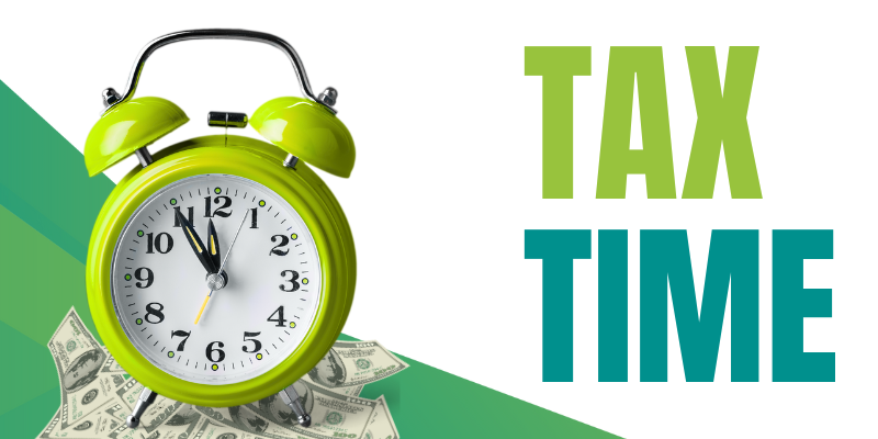 Graphic with a clock with the headline "Tax Time"