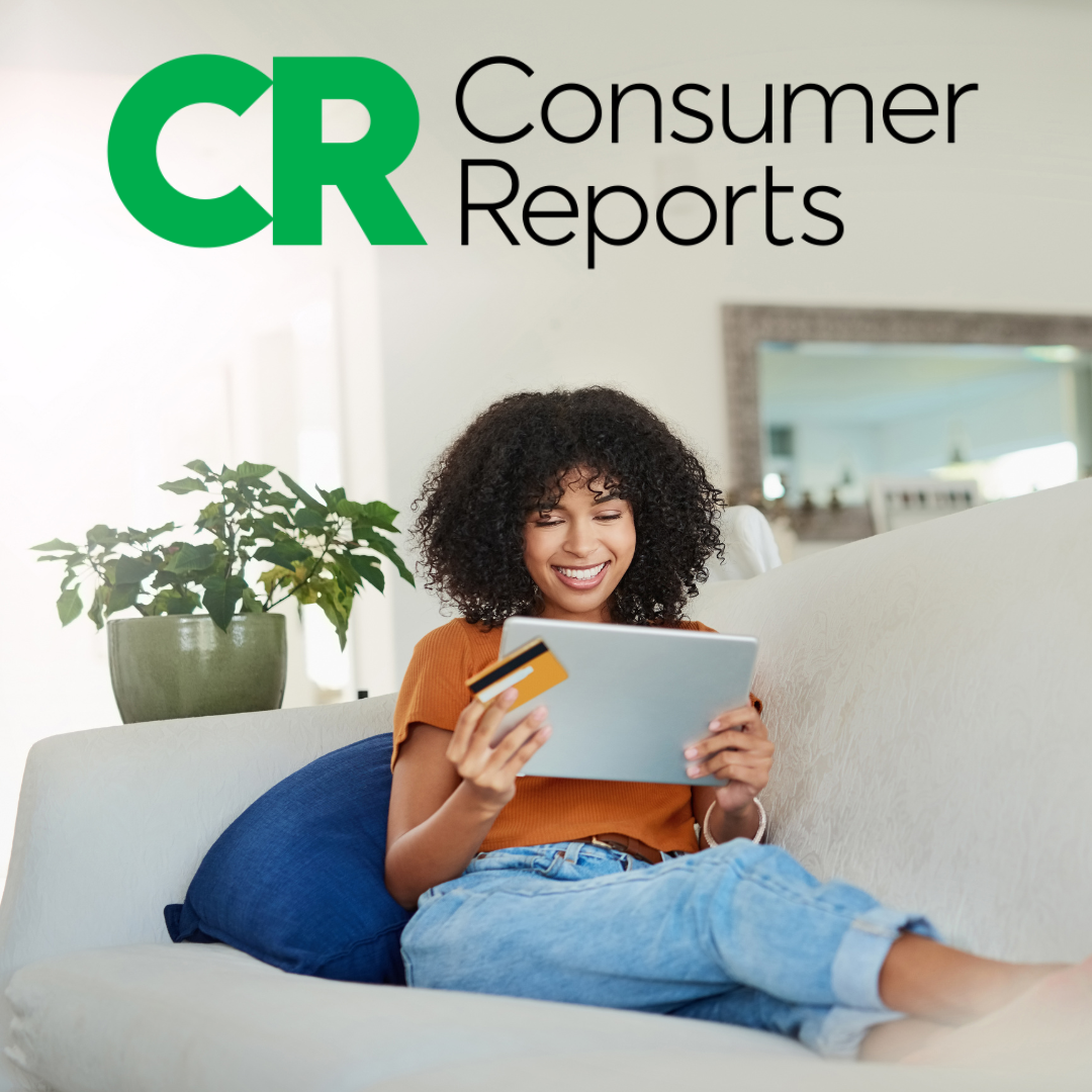 Lady of a couch reading a tablet with Consumer Reports logo with text below "Use your library card to access consumer reports"