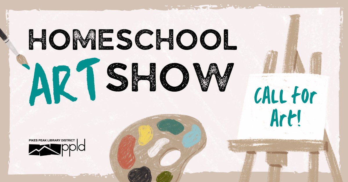 A graphic with the headline "Homeschool Art Show"with a paintbrush and the text "call for art!" painting on the canvas