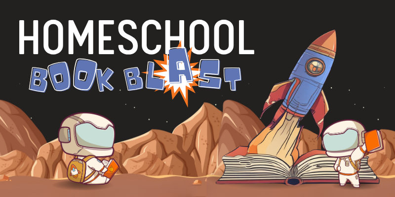 An illustrated space scene where two astronauts read together. Nearby, a rocket ship blasts out of an open book.