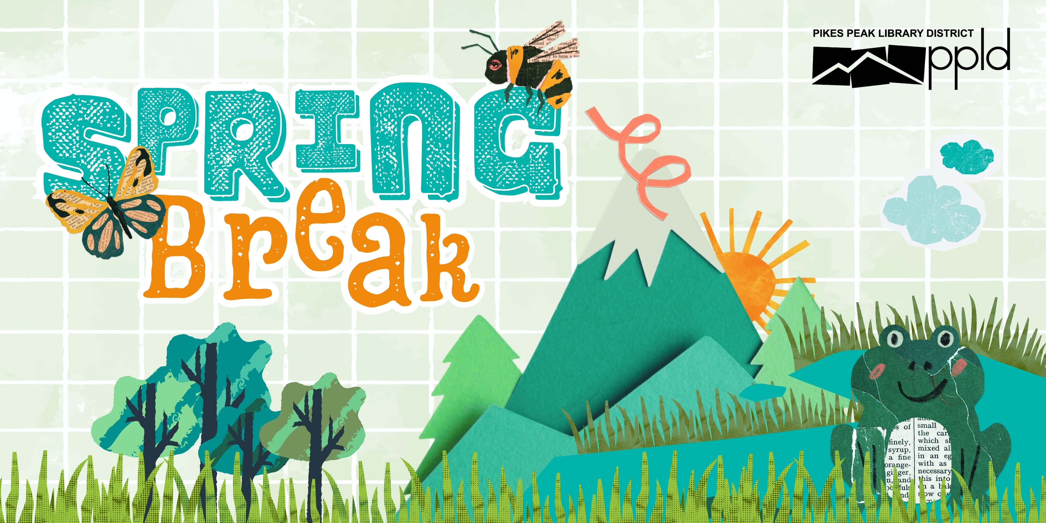 Spring Break Illustration of paper landscape with bees and a frog