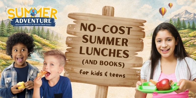 a graphic with three children eating or holding food and a wooden sign that says No-Cost Summer Lunches (and Books) for Kids & Teens