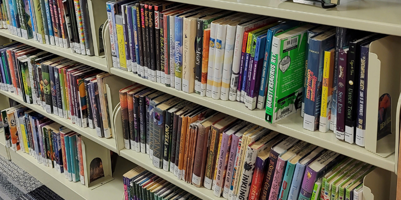 A Library bookshelf full of books.