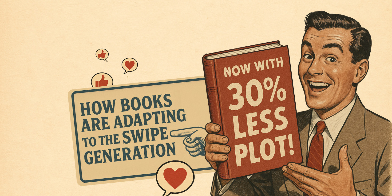 A retro illustration of a man holding up a book with the cover saying "Now with 30% less plot!" and another headline saying "How books are adapting to the swipe generation