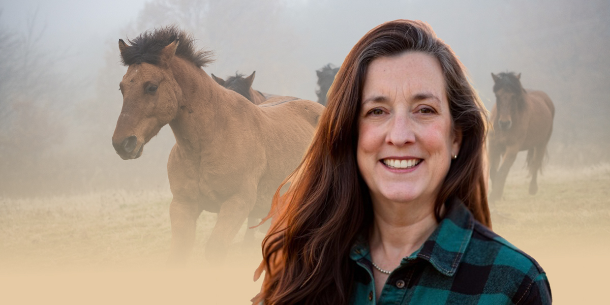 Randi Samuelson headshot with horses running behind her