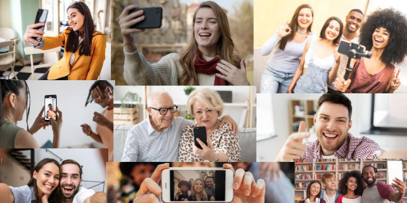 a photo collage of different people taking various selfies