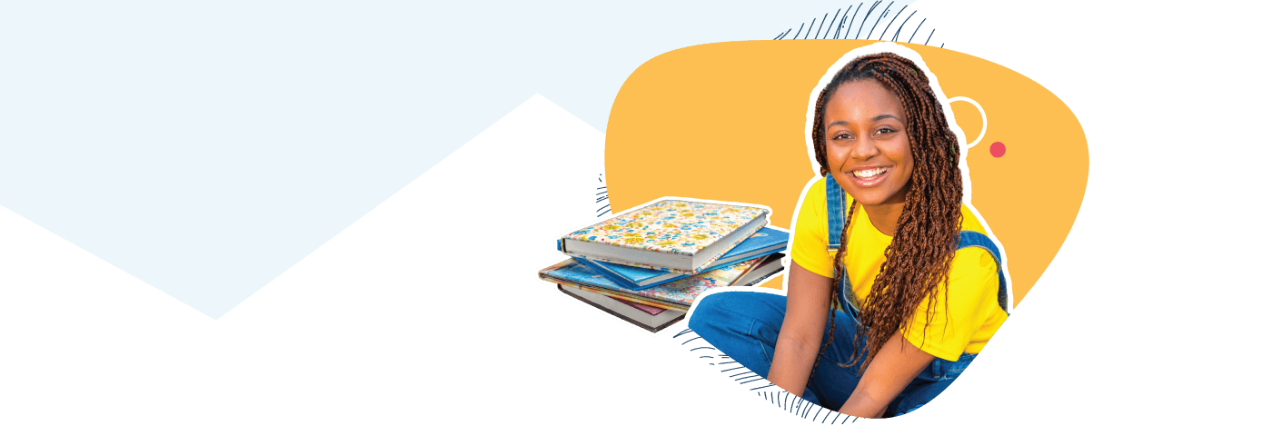 a girl sitting with books