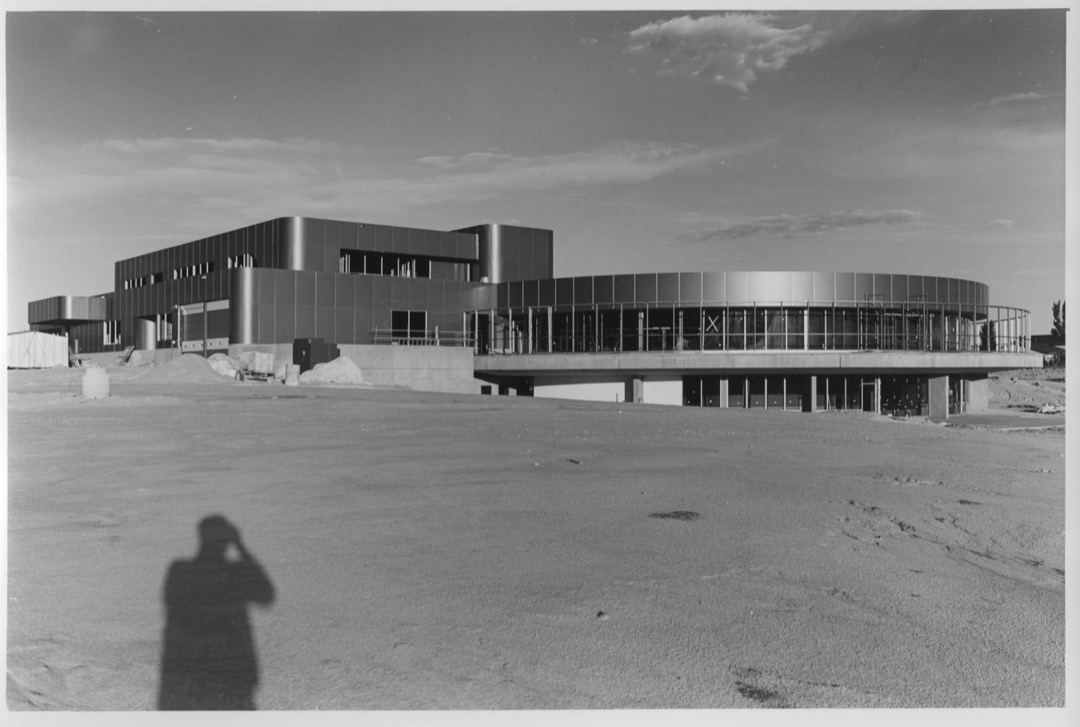 Black and white photo of East Library after construction