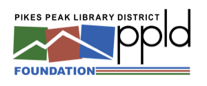 Pikes Peak Library District Foundation Logo. Three blocks with a mountain shape running through it 