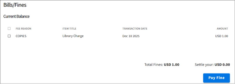 Screenshot of Bills/Fines