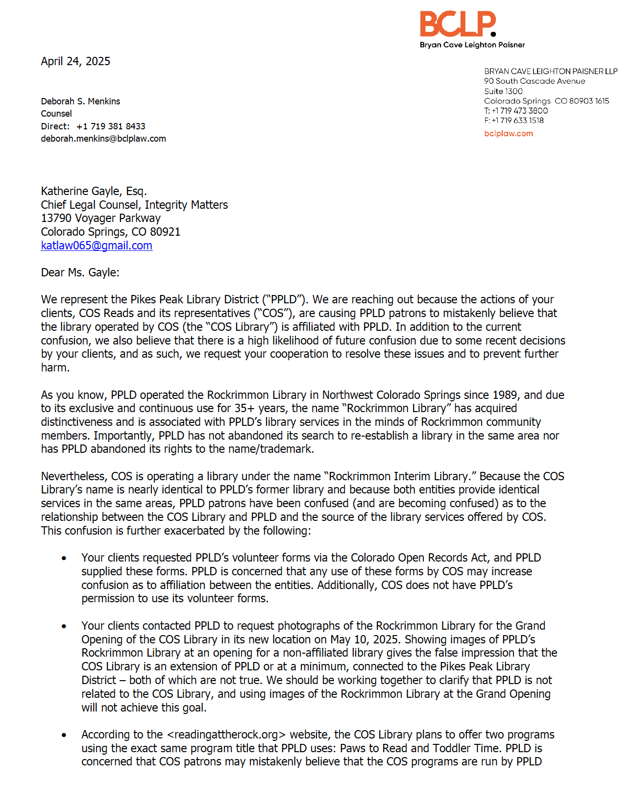 Part 1 of letter from BCLP
