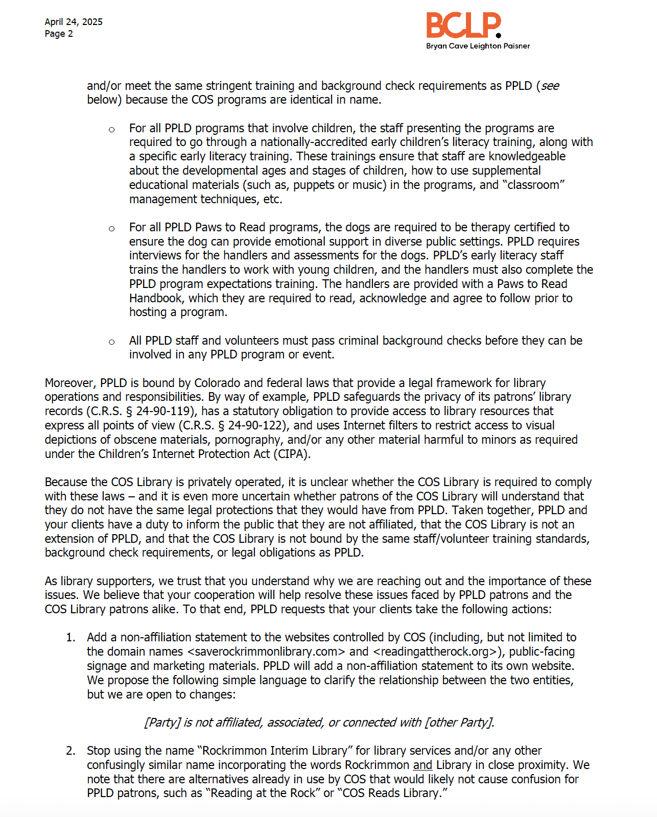 Part 2 of letter from BCLP