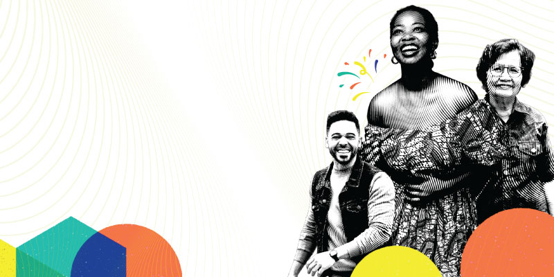 graphic with a group of patrons posing for a photo with colorful shapes around them