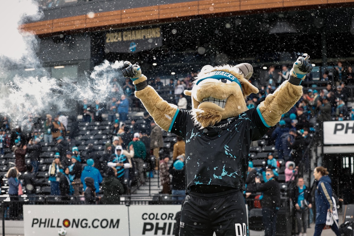 Ziggy (The Switchbacks mascot is on the field with his arms raised high while he rallies the crowd