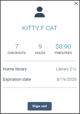 Screenshot of an account screen on the catalog