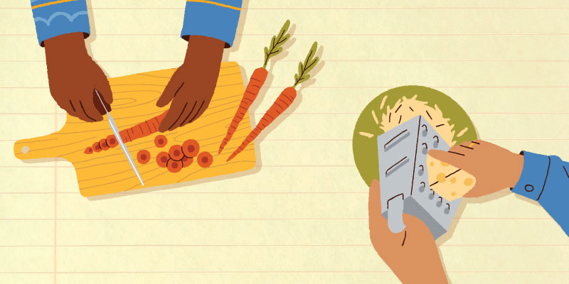 Illustration of people cutting vegetables and grading cheese