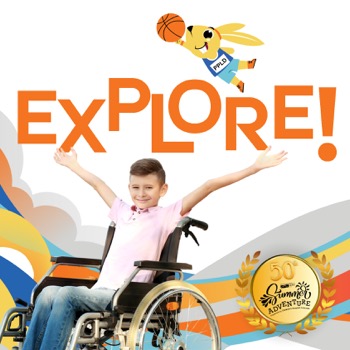 Kid in a wheelchair with the words "explore" above