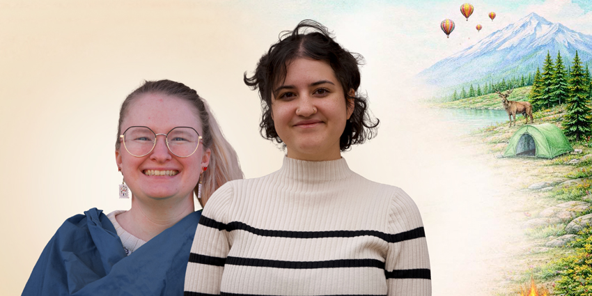 Krystal Arnold and Hannah Zwahlen standing side by side next to a color pencil illustration of a mountain scene