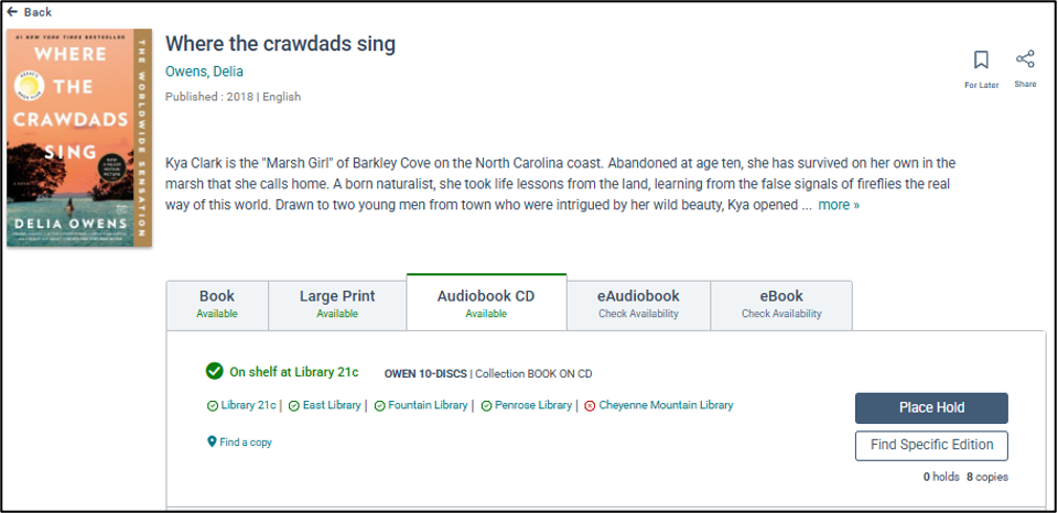 Placing a hold on a book screenshot in the catalog