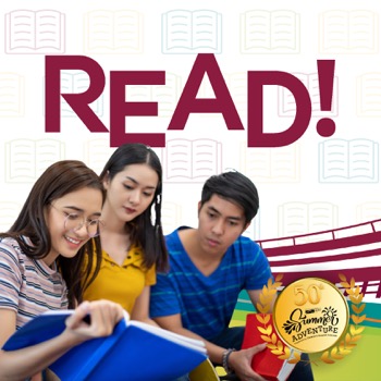 Group of Teens Reading a book with the text "read" above