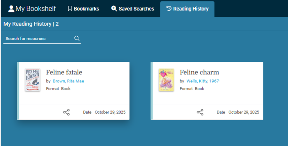 A screenshot of the reading history catalog