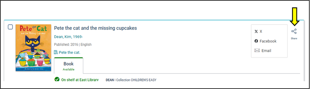 Screenshot of the book details in the catalog highlighted in the share button