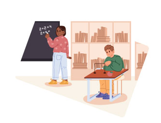 An illustration of people working on school work