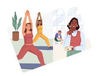 An illustration of people making art and doing yoga