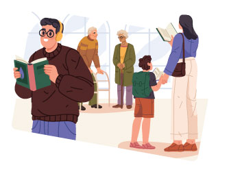 Illustration of people reading in a library